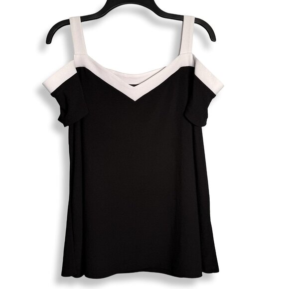 INC International Concepts Top Women Med Strappy Black White Cold Shoulder Shirt - Picture 1 of 9